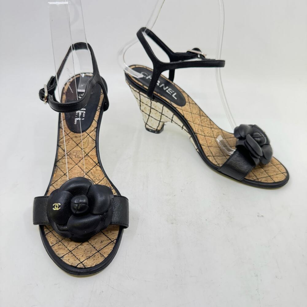 CHANEL Camelia Ankle Strap Wedge Heel Sandal